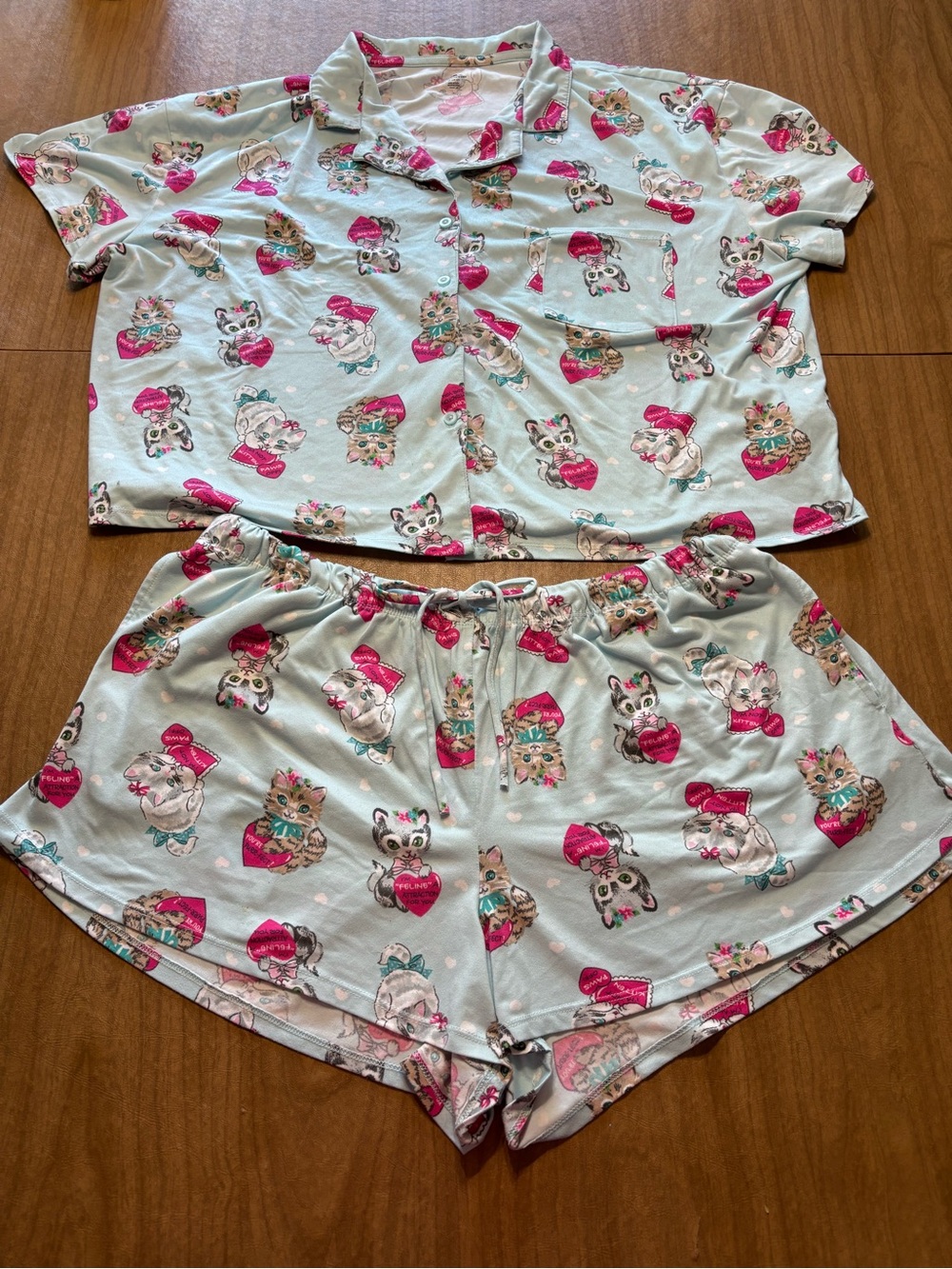 Celebrate It Mint Short Pajama Set with Pink Cat Hearts